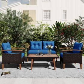 4-Piece Garden Furniture;  Patio Seating Set;  PE Rattan Outdoor Sofa Set;  Wood Table and Legs;  Brown and Beige - Blue