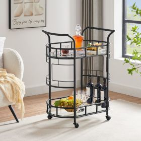 2 Glass Shelves  Serving Trolley Bar Cart  with Durable Metal Frame for Hotel Dining Room Restaurant - Black