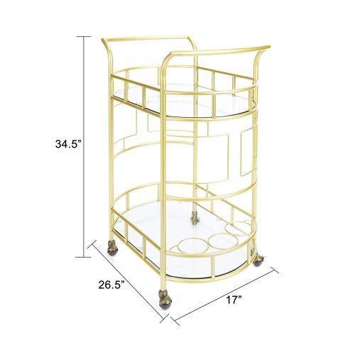 2 Glass Shelves  Serving Trolley Bar Cart  with Durable Metal Frame for Hotel Dining Room Restaurant - Glod
