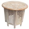Mesh Cut Out Carved Mango Wood Octagonal Folding Table with Round Top, Antique White and Brown - as Pic