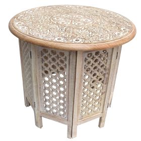 Mesh Cut Out Carved Mango Wood Octagonal Folding Table with Round Top, Antique White and Brown - as Pic