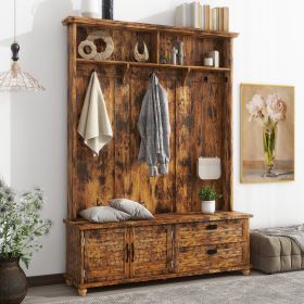 ON-TREND Modern Style Hall Tree with Storage Cabinet and 2 Large Drawers, Widen Mudroom Bench with 5 Coat Hooks, Rustic Brown - as Pic