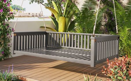 TOPMAX Patio Minimalist Twin Size Garden Swing Bed Wood Porch Swing with Ropes for Backyard, Safe Sloped Design, Gray - as Pic