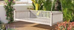 TOPMAX Patio Minimalist Twin Size Garden Swing Bed Wood Porch Swing with Ropes for Backyard, Safe Sloped Design, White - as Pic
