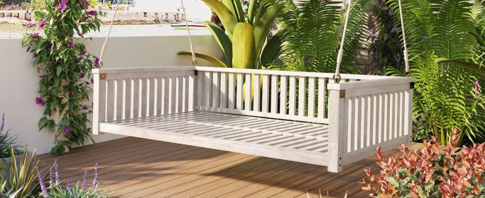 TOPMAX Patio Minimalist Twin Size Garden Swing Bed Wood Porch Swing with Ropes for Backyard, Safe Sloped Design, White - as Pic