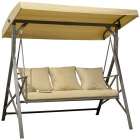 3-Seat Patio Swing Chair, Porch Swing Glider with Cushion, 3 Throw Pillows & Adjustable Canopy for Porch, Garden, Poolside, Backyard, Khaki - as Pic