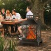 24" Pagoda-Style Steel Wood-Burning Fire Pit with Log Grate and Poker - Black High-Temperature Paint Finish - as Pic