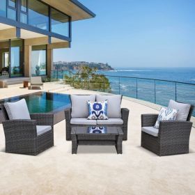 Patio Light Grey Sofa 4 Seat Couch Coffee Table Sofa Furniture Set With Rattan Wicker Outdoor - as Pic