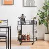 2 Glass Shelves  Serving Trolley Bar Cart  with Durable Metal Frame for Hotel Dining Room Restaurant - Black