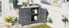 TOPMAX Outdoor 39" Potting Bench Table, Rustic Garden Wood Workstation Storage Cabinet Garden Shed with 2-Tier Shelves and Side Hook, Grey - as Pic