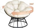 Papasan Chair;  360-degree Swivel Outdoor Papasan Chair with Beige Cushion and Durable Frame;  Comfy Circle Lounge Moon Chair - Beige