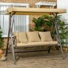 3-Seat Patio Swing Chair, Porch Swing Glider with Cushion, 3 Throw Pillows & Adjustable Canopy for Porch, Garden, Poolside, Backyard, Khaki - as Pic