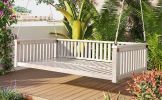 TOPMAX Patio Minimalist Twin Size Garden Swing Bed Wood Porch Swing with Ropes for Backyard, Safe Sloped Design, White - as Pic
