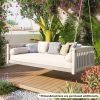 TOPMAX Patio Minimalist Twin Size Garden Swing Bed Wood Porch Swing with Ropes for Backyard, Safe Sloped Design, White - as Pic
