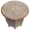 Mesh Cut Out Carved Mango Wood Octagonal Folding Table with Round Top, Antique White and Brown - as Pic